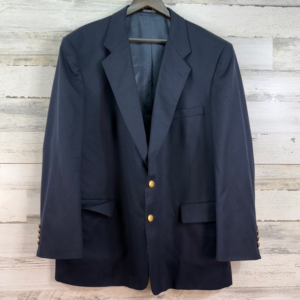 Stanley Blacker Mens 50R Navy Blue 100% Wool Blazer Gold Crest Button USA Made